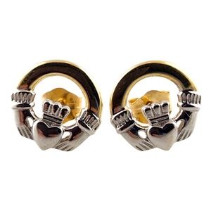 14 Karat Yellow and White Gold Claddagh Earrings #19193